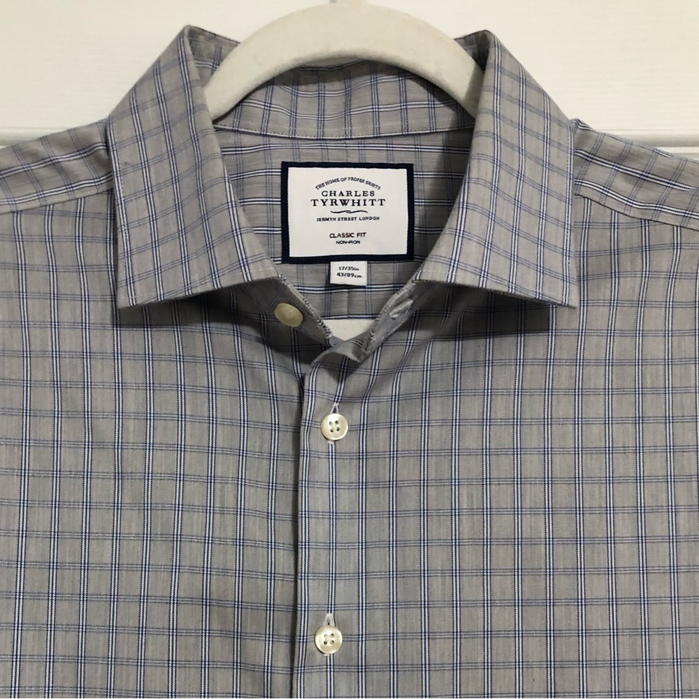 Charles Tyrwhitt classic fit non iron men’s button down 17 35 grey blue‎ plaid